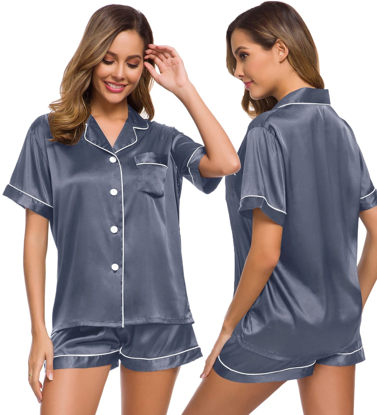 SWOMOG Womens Silk Satin Pajamas Set Two-piece Pj Sets Sleepwear Loungewear Button-Down Pj Sets