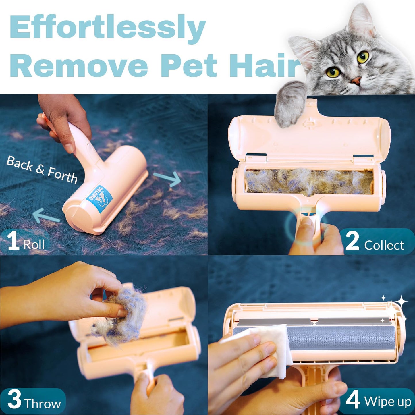 Pet Hair Remover - Lint Roller for Pet Hair - Cat and Dog Hair Remover for Couch, Furniture, Carpet, Car Seat, Reusable Roller W/Self-Cleaning Base - Upgraded Animal Fur Removal Tool