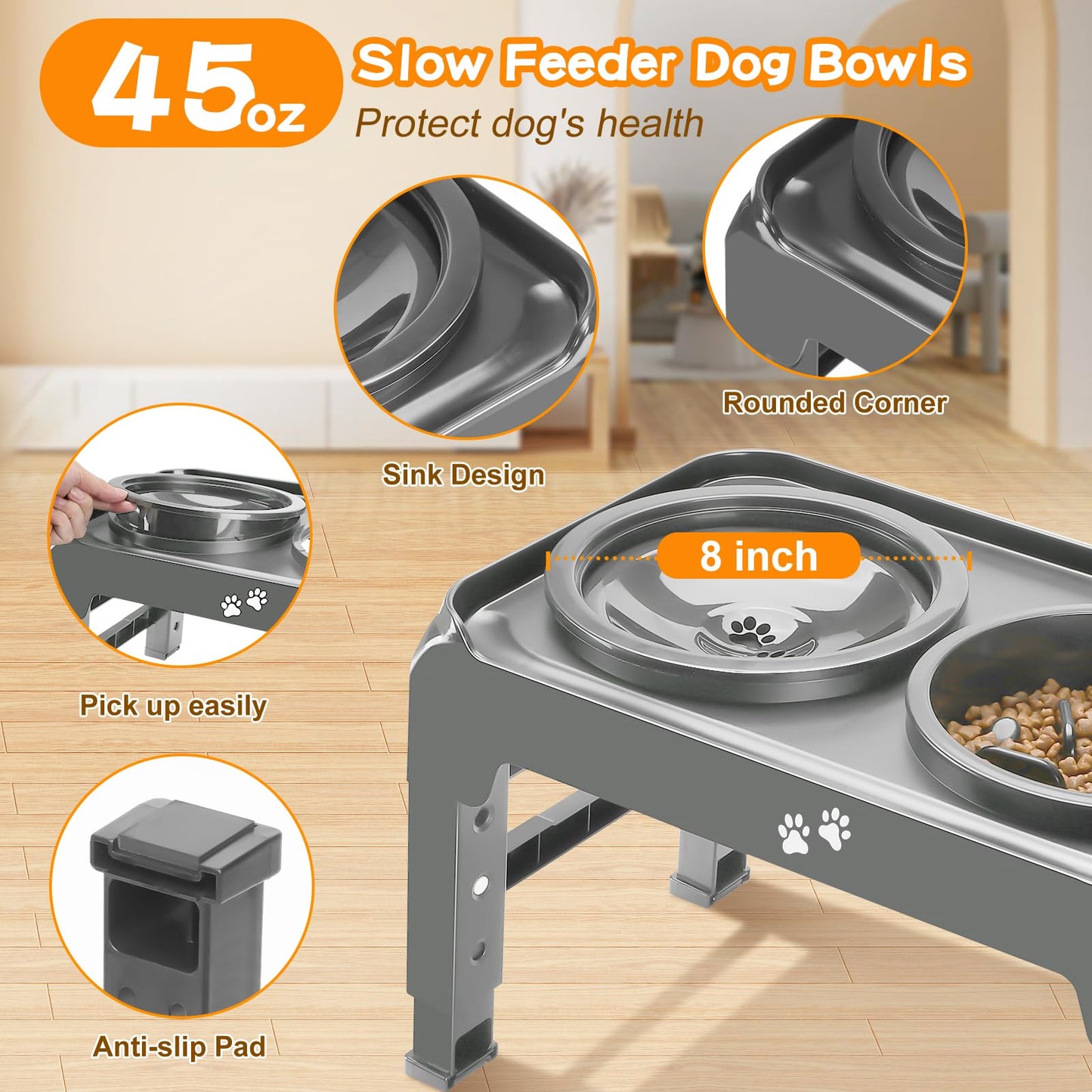 Elevated Dog Bowls, 2-in-1 Dog Feeder with Slow Feeder Dog Bowls & No Spill Dog Water Bowl, 4 Heights Adjustable Raised Dog Bowl Stand Non-Slip & Anti-Dust Dog Food Bowl for Medium Large Dogs, Black