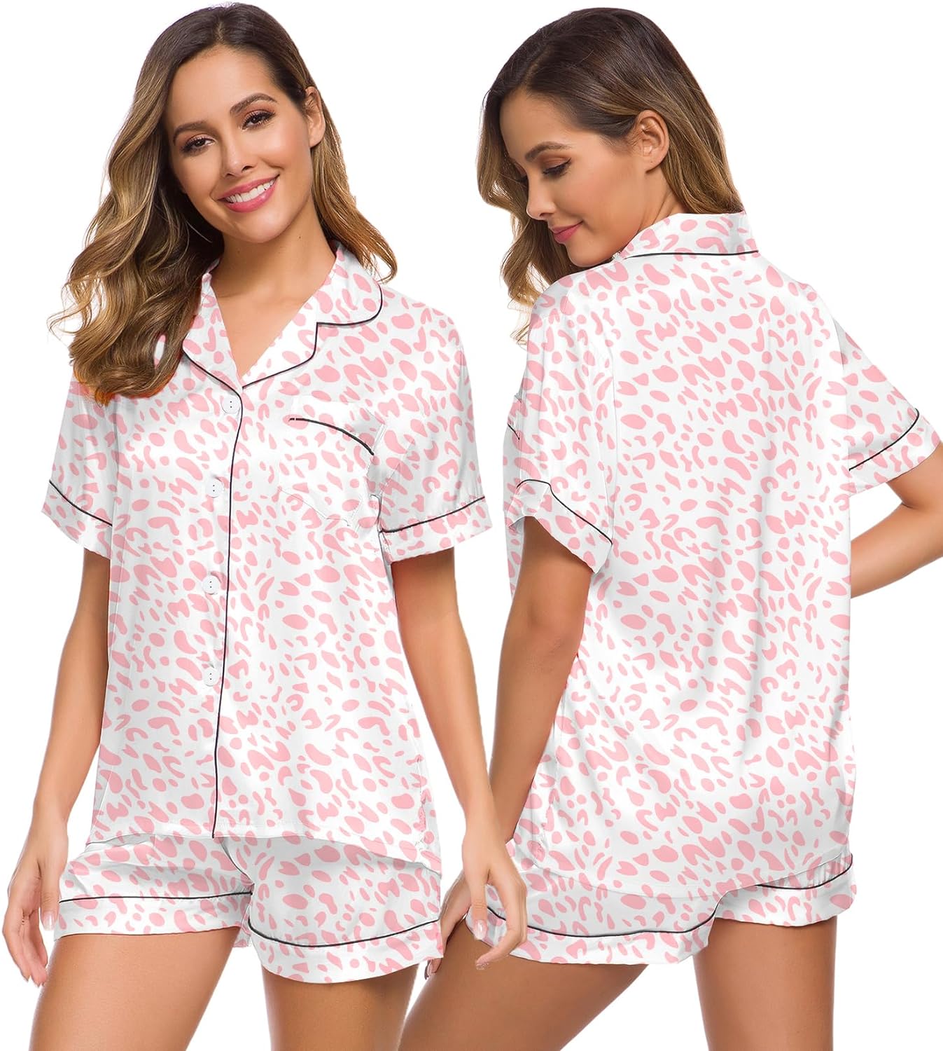 SWOMOG Womens Silk Satin Pajamas Set Two-piece Pj Sets Sleepwear Loungewear Button-Down Pj Sets