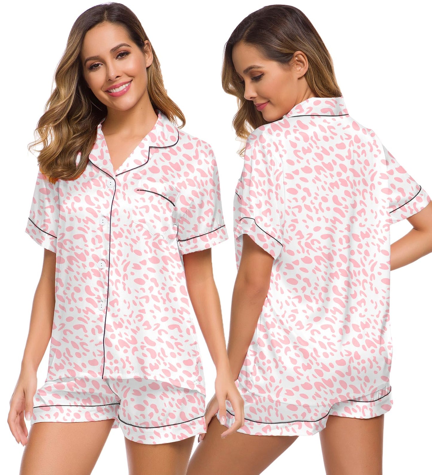 SWOMOG Womens Silk Satin Pajamas Set Two-piece Pj Sets Sleepwear Loungewear Button-Down Pj Sets