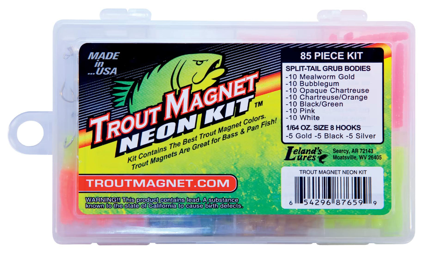 Trout Magnet 82-Piece Neon Trout Fishing Gear Kit, Includes 70 Grub Bodies Trout Bait and 12 Size 8 Trout Hooks