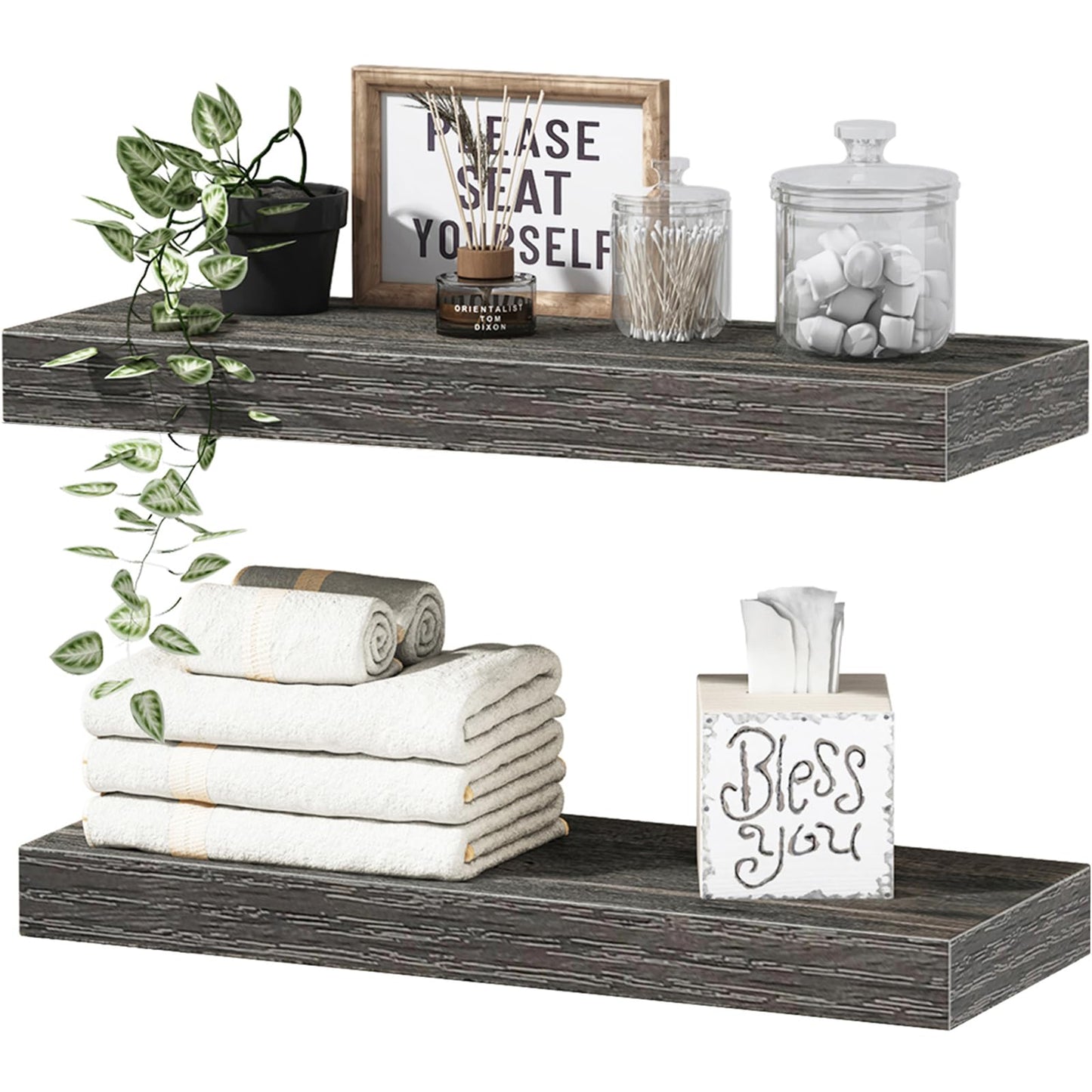 QEEIG Bathroom Shelves Floating Shelves for Wall Shelf Over Toilet Small Wall Mounted Farmhouse Decor 16 inch Set of 2, Rustic Brown (008-40BN)