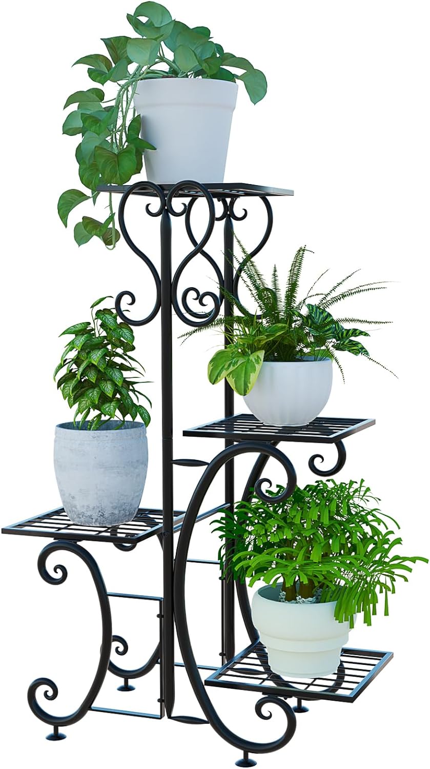 YisanCrafts 4 Tier Metal Plant Shelf , Plant Stand Indoor Outdoor Flower Pot Holder Display Racks - Wrought Iron Corner Multiple Planter Rack Organizer for Garden Patio Lawn Balcony Office Blac