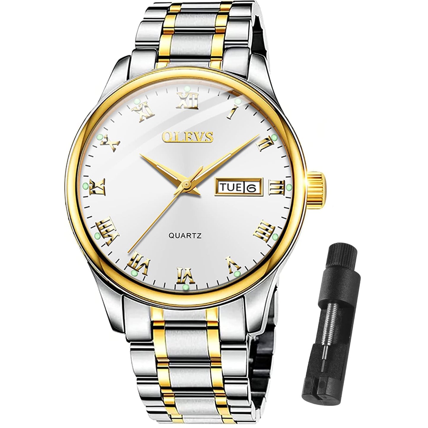 OLEVS Classic Men Watches with Date,Stainless Steel Man Watch with Date, Bussiness Watches for Men,Luminous Quartz Mens Watches Black/White/Blue/Gold, Waterproof Male Watch with Week