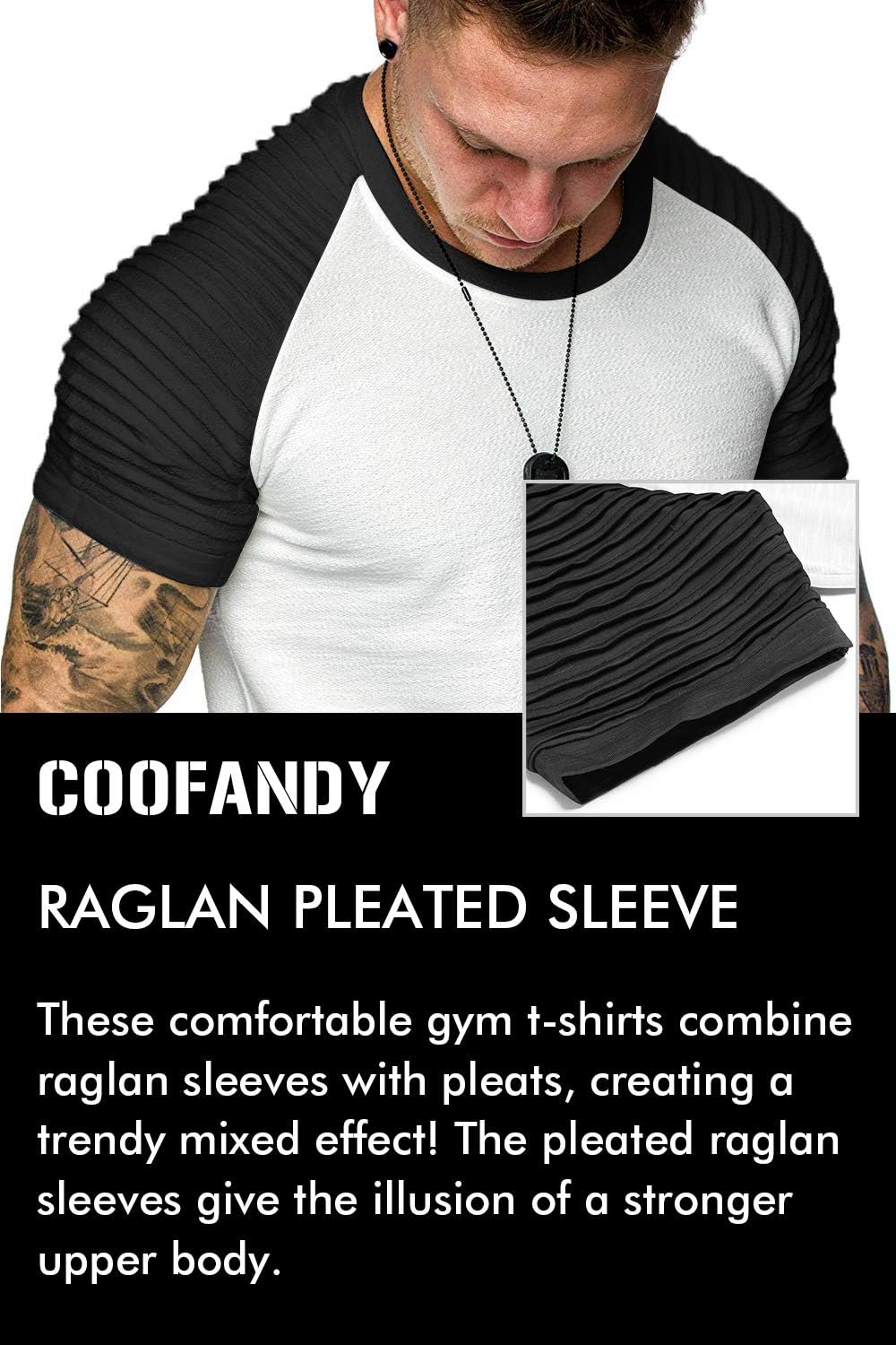 COOFANDY Men's Muscle T-Shirt Pleated Raglan Sleeve Bodybuilding Gym Tee Short Sleeve Fashion Workout Shirts Hipster Shirt