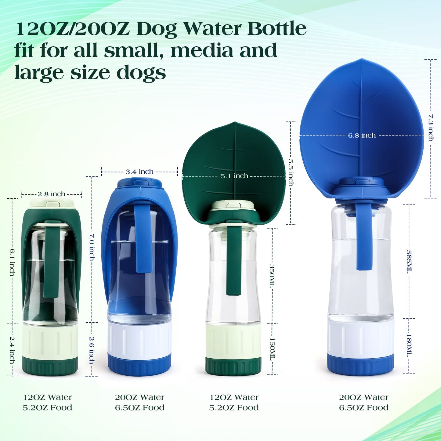 Upgraded Dog Water Bottle, Portable Dog Cat Puppy Pet Water Dispenser Feeder with Drinking Cup and Food Container Leak Proof for Outdoor Walking, Travel, Hiking 12OZ