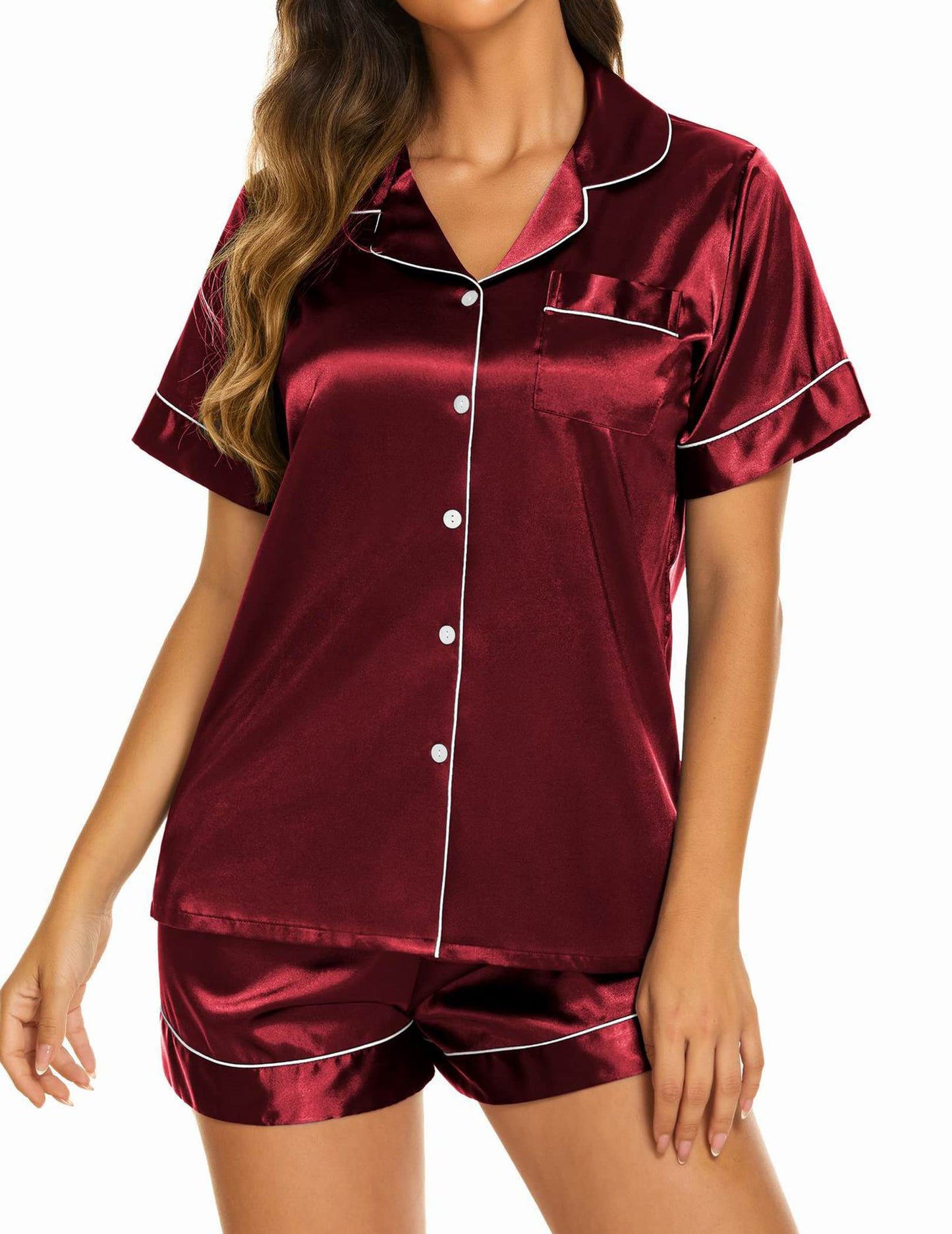 Ekouaer Silk Pajamas for Women Short Sleeve Sleep Top with Shorts Satin Soft Pjs Set Bridesmaid Gifts Burgundy,M