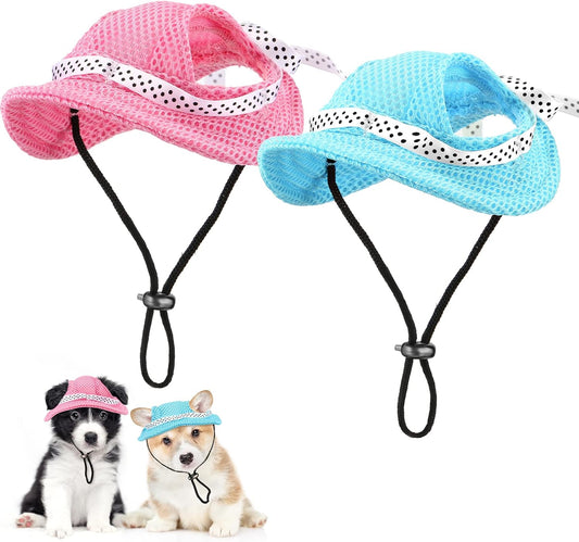 Frienda 2 Pcs Dog Hat Pet Sun Visor Hat Pet Beach Princess Cap Sun Protection Cap Mesh Porous Cap with Ear Holes and Chin Strap for Small Dogs Pug Chihuahua Shih Tzu Yorkshire Terriers