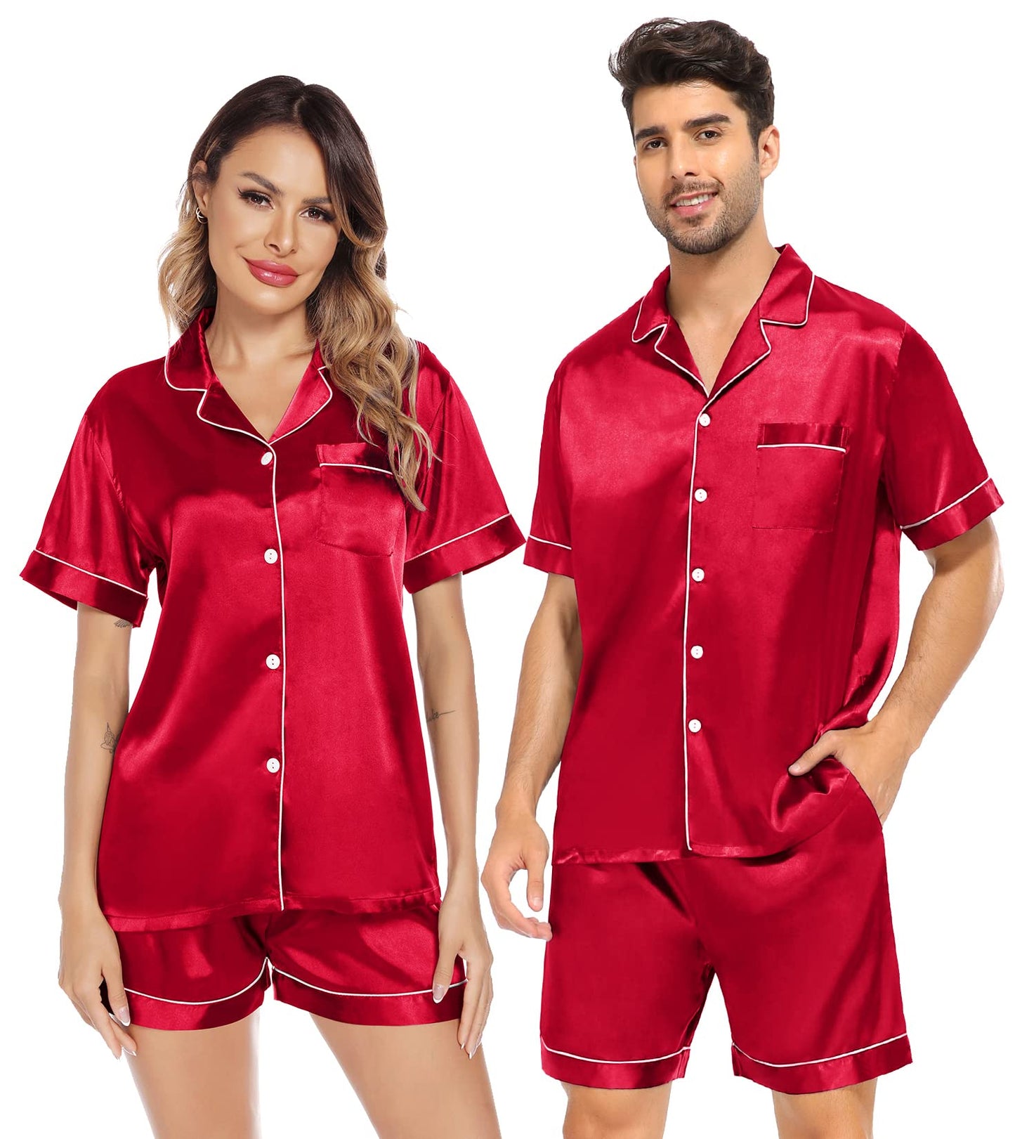 SWOMOG Satin Matching Pajamas Sets Couple Silk Button Down Nightwear Short Sleeve Sleepwear 2 Pieces Loungewear with Shorts