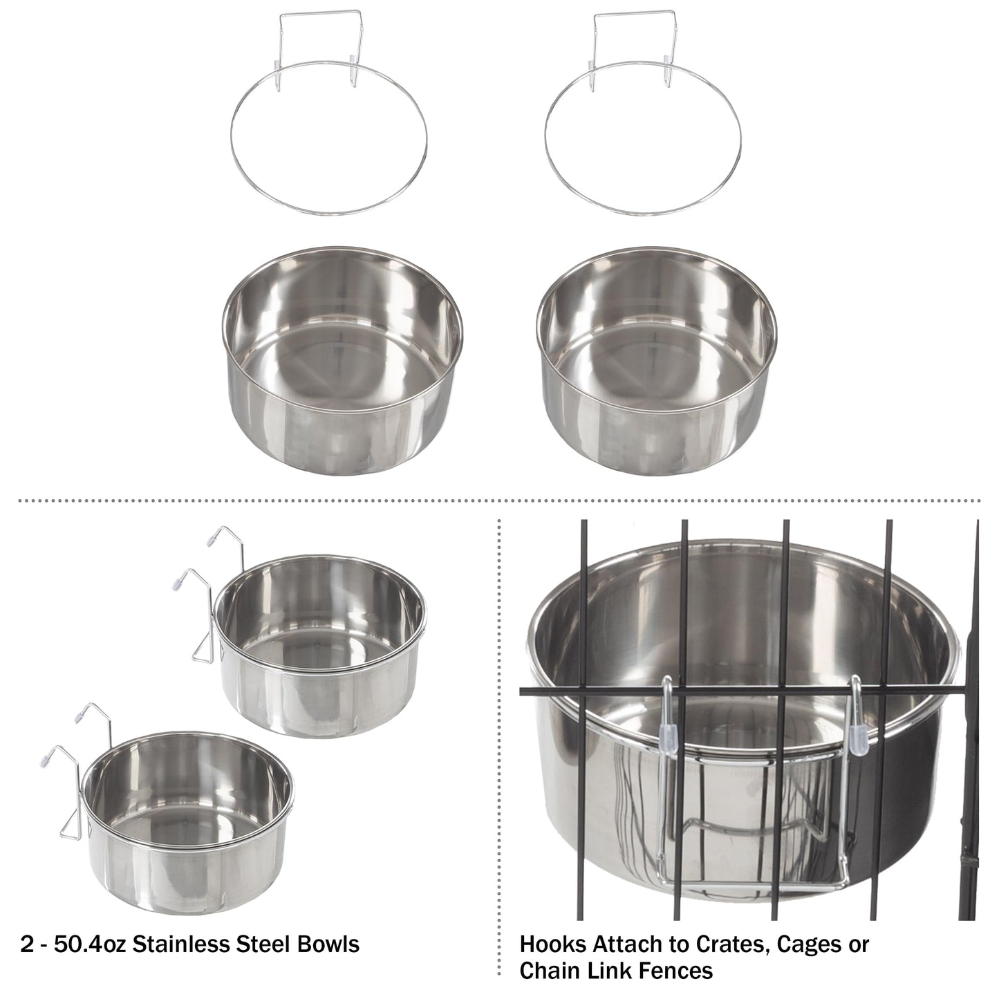 Set of 2 Stainless-Steel Dog Bowls - Cage, Kennel, and Crate Hanging Pet Bowls for Food and Water - 8oz Each and Dishwasher Safe by PETMAKER, Silver