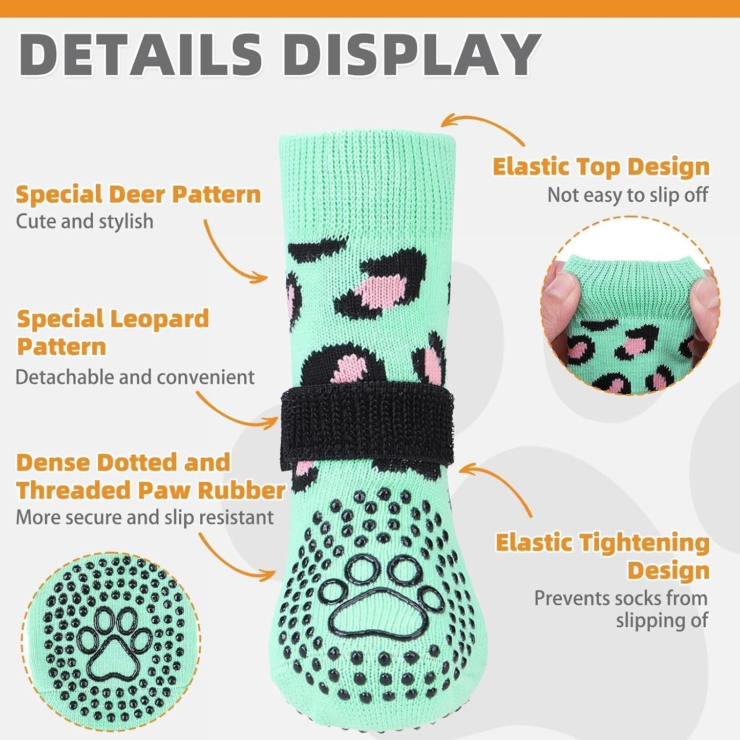 KOOLTAIL Non-Slip Dog Socks-Double Sides Grip for Hardwood Floor,3 Pairs Leopard Print Dog Boots,Traction Control Injury Prevent Licking Paw Protector Dog Shoes for Small Medium Large Old Senior Dogs