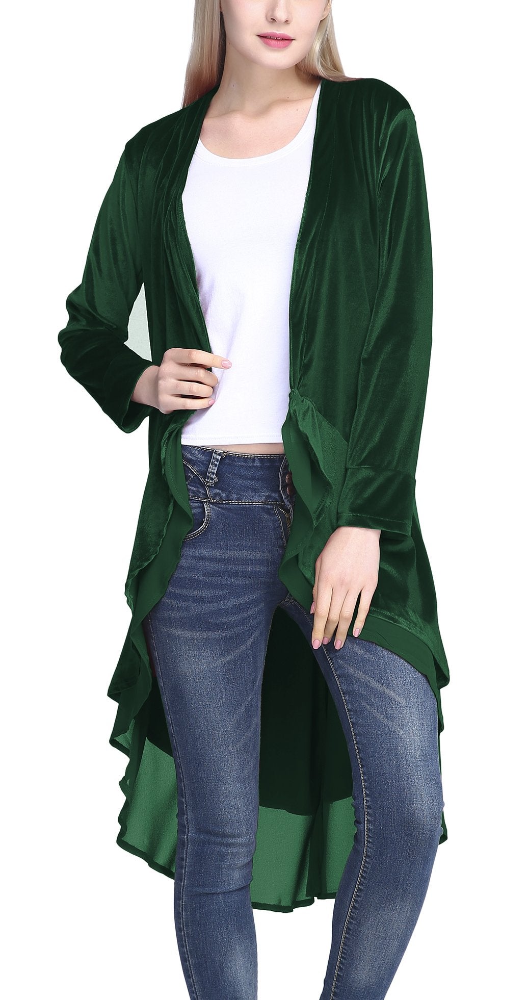 Urban CoCo Women's Long Sleeve Velvet Cardigan Coat with Asymmetric Chiffon Hem