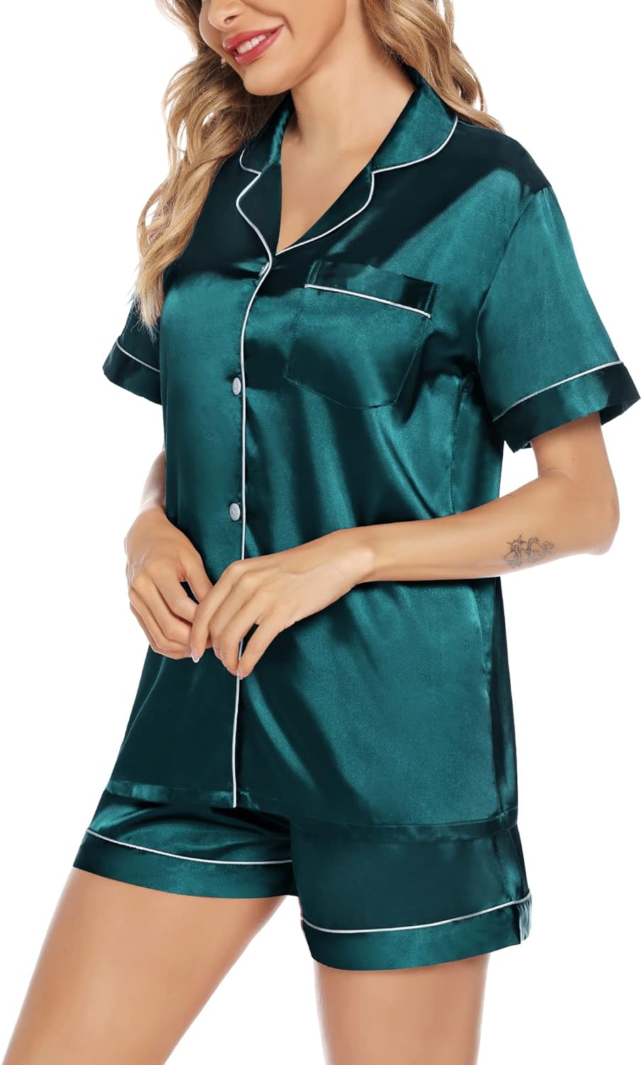 SWOMOG Satin Matching Pajamas Sets Couple Silk Button Down Nightwear Short Sleeve Sleepwear 2 Pieces Loungewear with Shorts