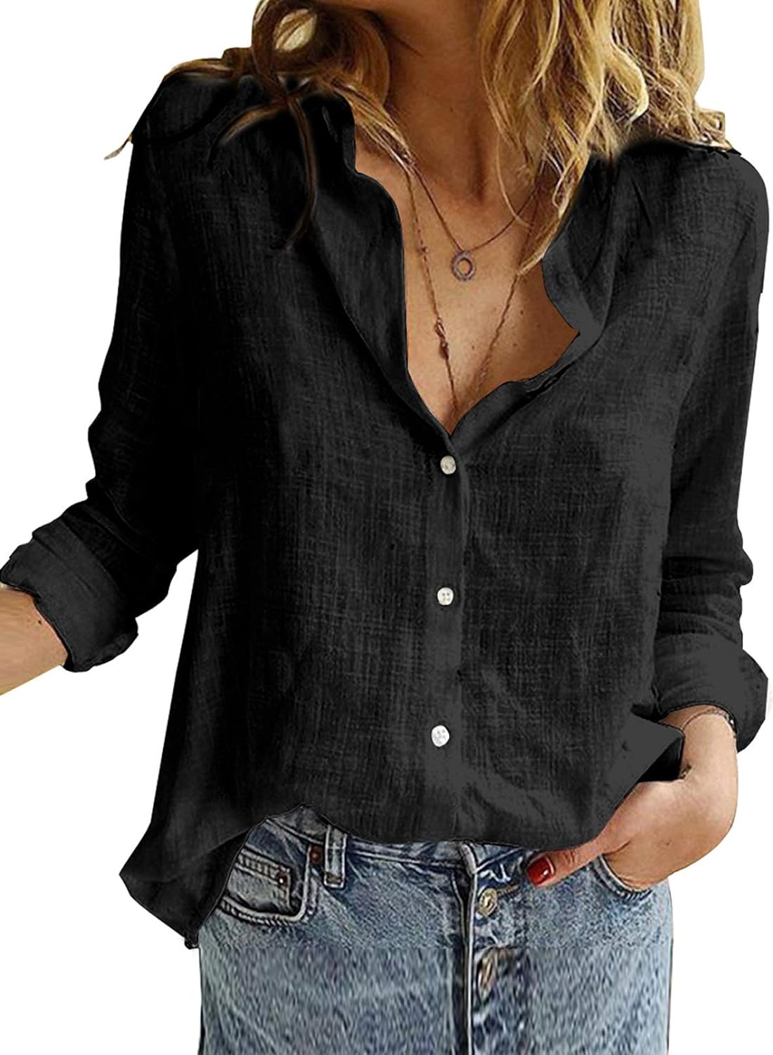 Astylish Womens V Neck Roll up Sleeve Button Down Blouses Tops