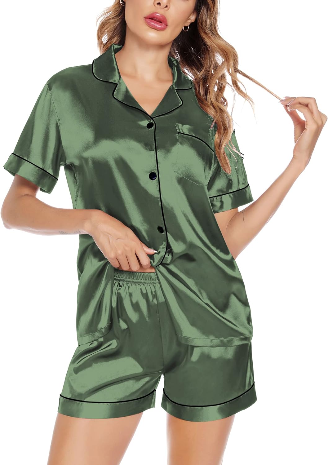 SWOMOG Satin Matching Pajamas Sets Couple Silk Button Down Nightwear Short Sleeve Sleepwear 2 Pieces Loungewear with Shorts