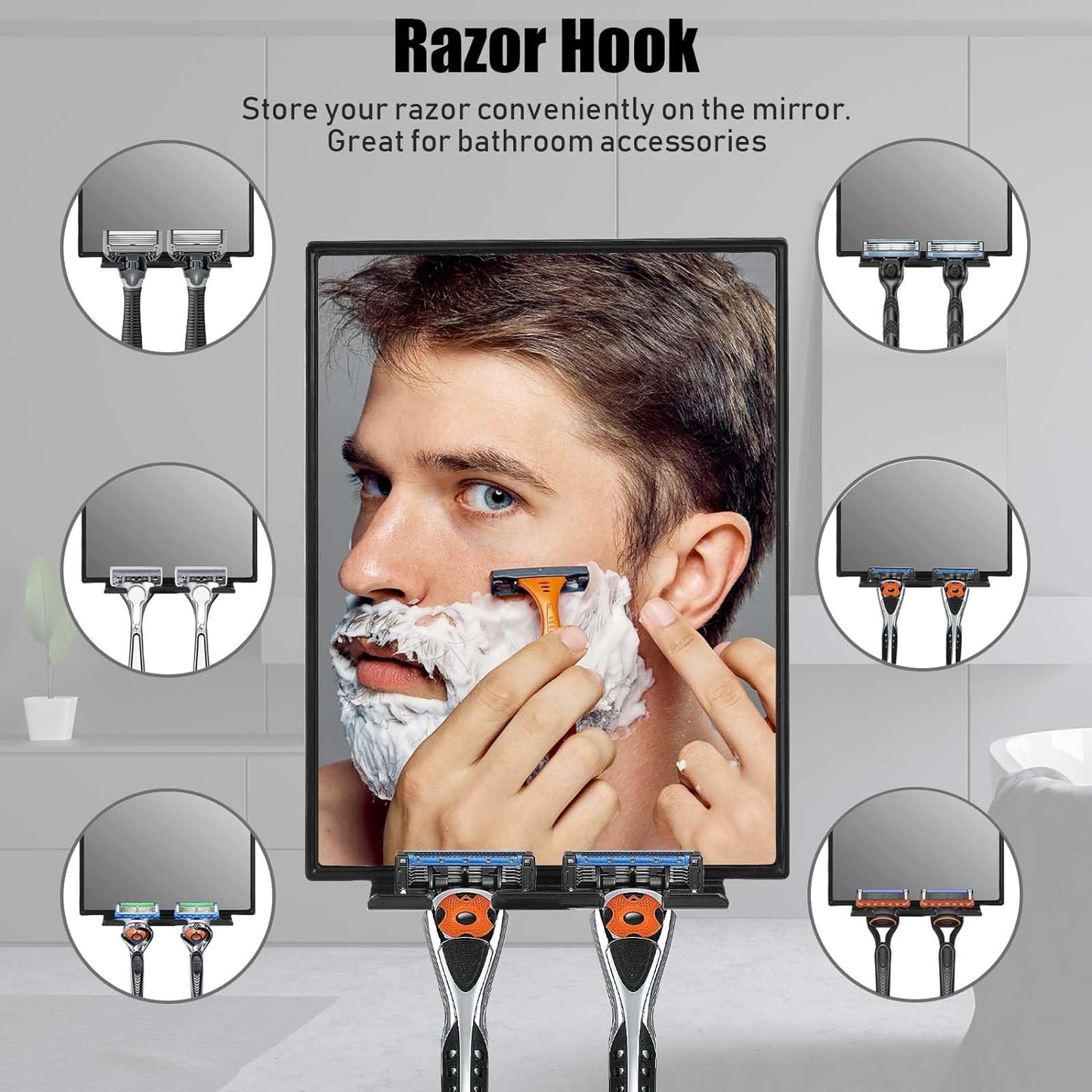 Shower Mirror for Shaving - with Squeegee, Razor Holder & Swivel, 360°Rotation Adjustable Mirror, Accessories, Bathroom Holds Razors