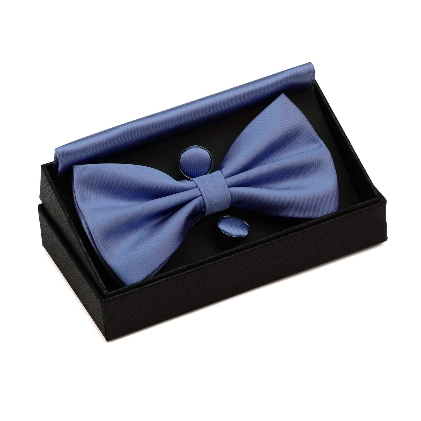 GUSLESON Mens Solid Color Double Fold Pre-tied Bow Tie and Pocket Square Cufflink Set with Gift Box