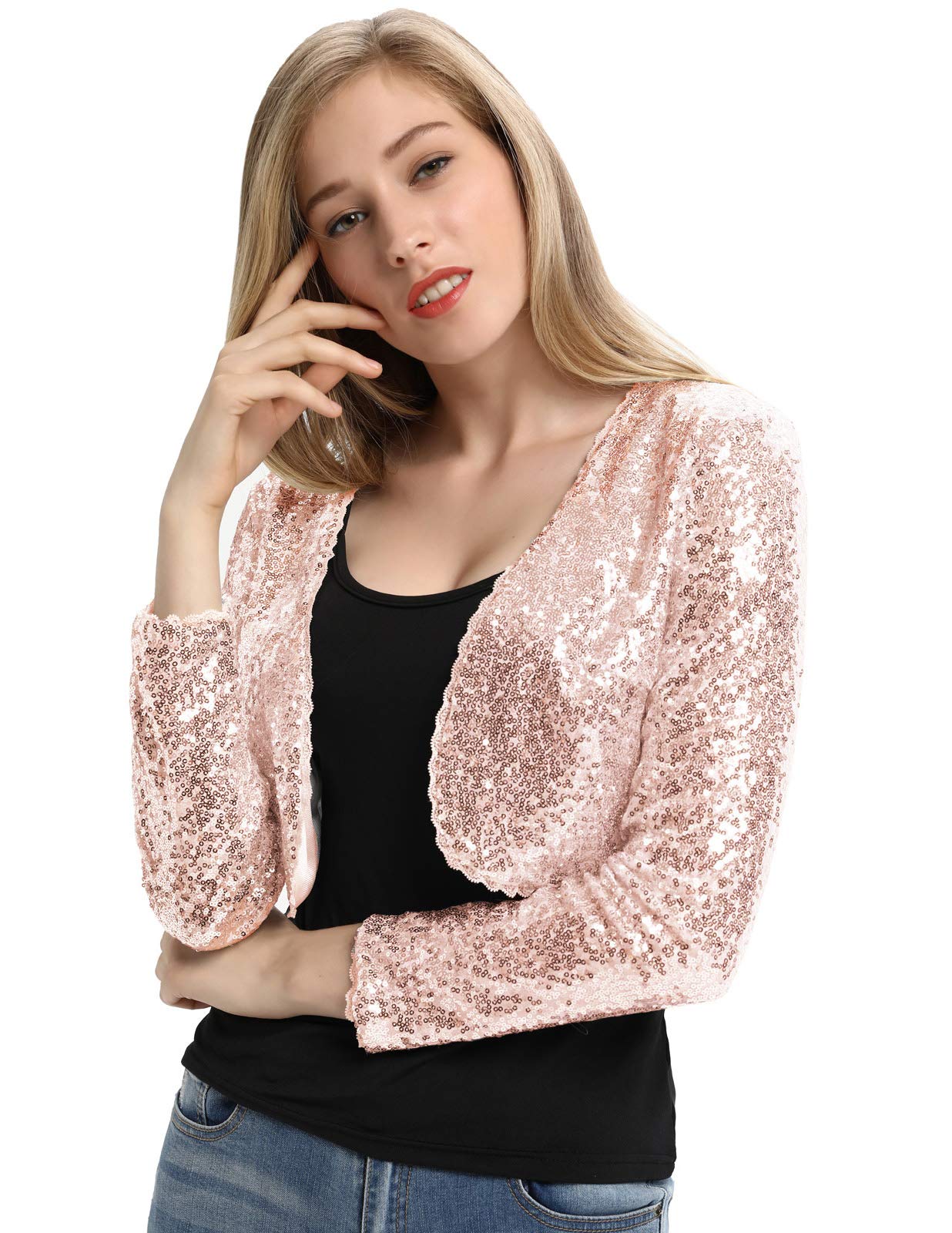 Belle Poque Women's Sequin Jacket Long Sleeve Open Front Glitter Cropped Blazer Bolero Shrug S-XXL