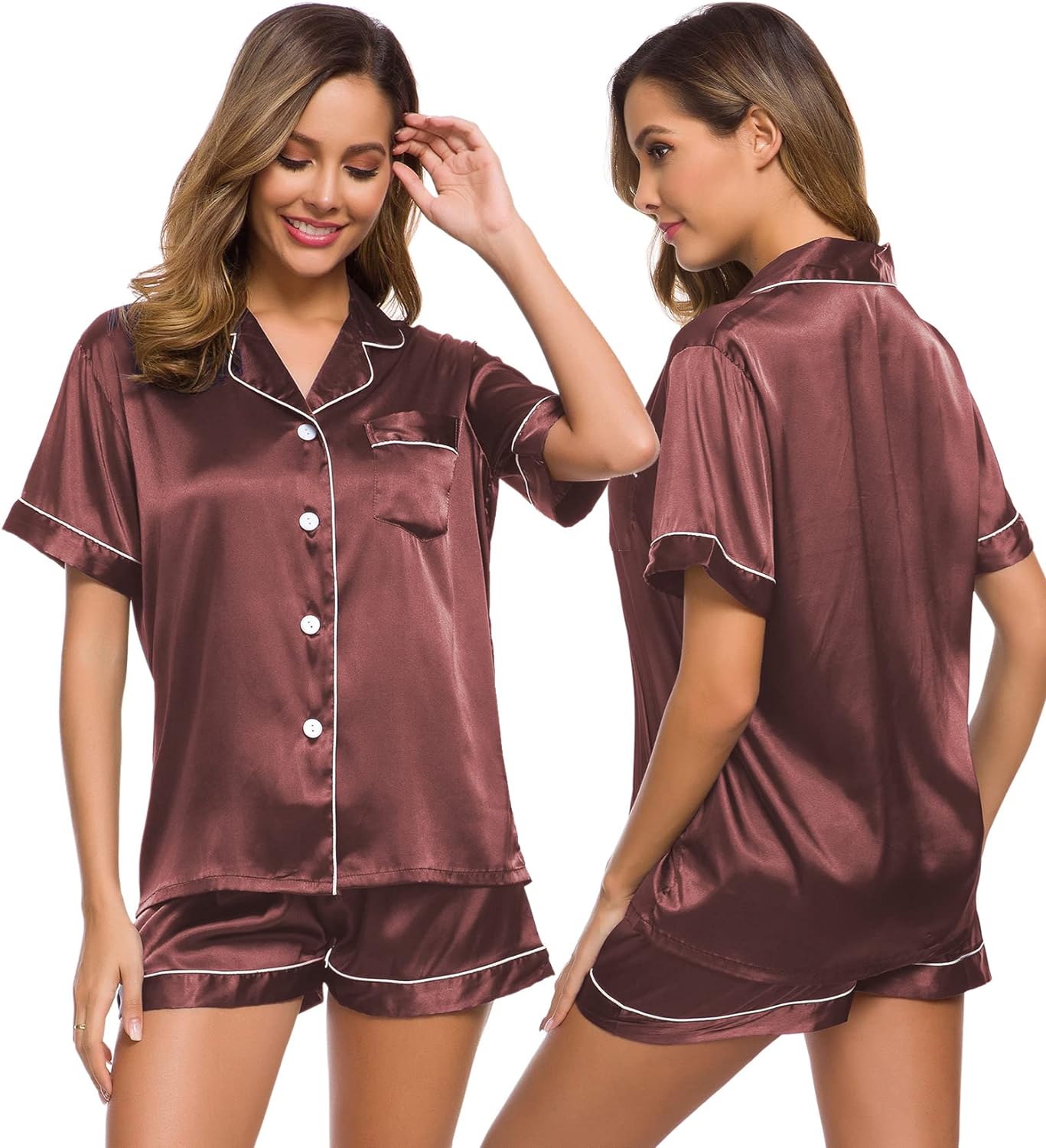 SWOMOG Womens Silk Satin Pajamas Set Two-piece Pj Sets Sleepwear Loungewear Button-Down Pj Sets