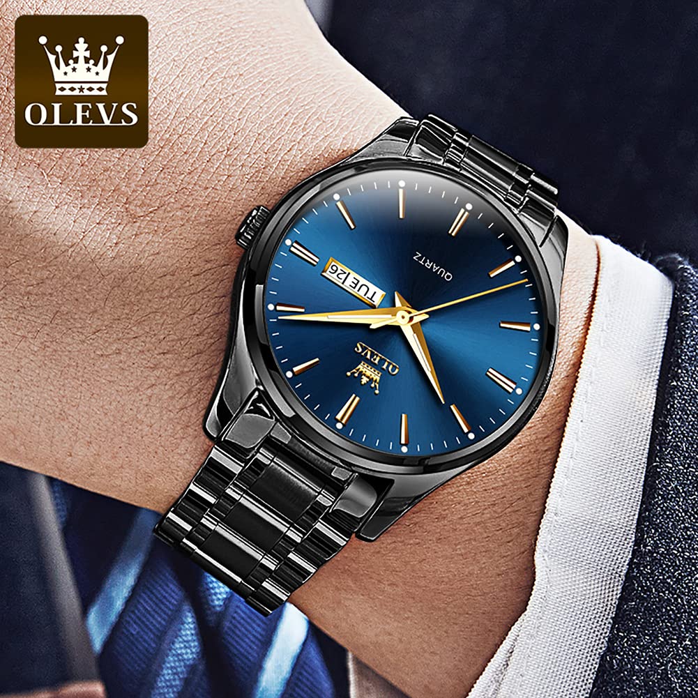 OLEVS Classic Men Watches with Date,Stainless Steel Man Watch with Date, Bussiness Watches for Men,Luminous Quartz Mens Watches Black/White/Blue/Gold, Waterproof Male Watch with Week