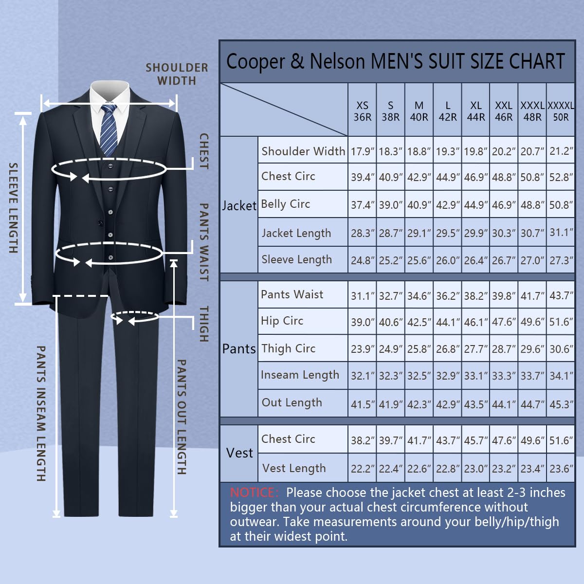 Cooper & Nelson Men's Suit Slim Fit, 3 Piece Suits for Men, One Button Solid Jacket Vest Pants with Tie, Tuxedo Set