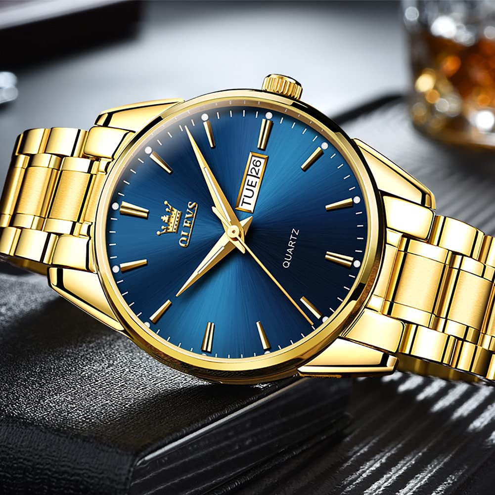 OLEVS Classic Men Watches with Date,Stainless Steel Man Watch with Date, Bussiness Watches for Men,Luminous Quartz Mens Watches Black/White/Blue/Gold, Waterproof Male Watch with Week