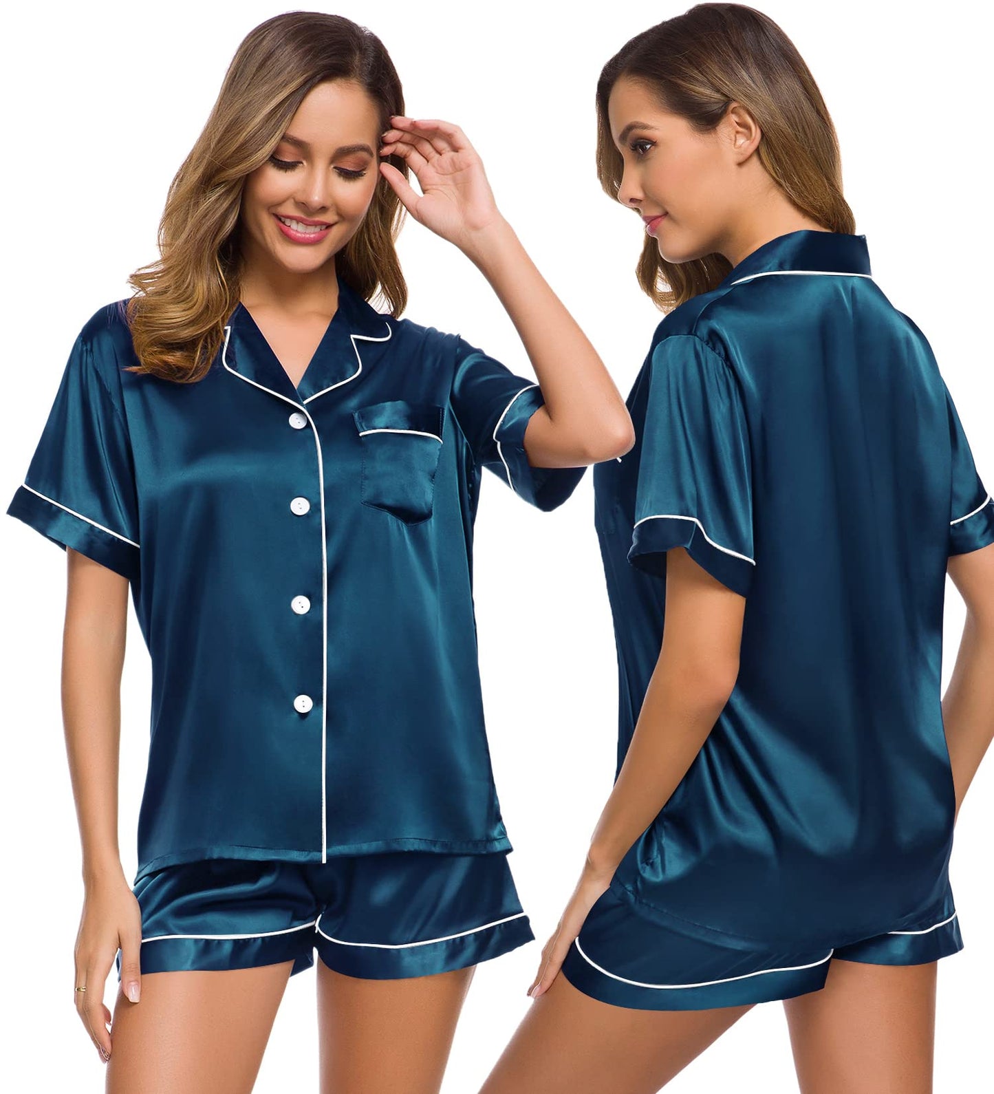 SWOMOG Womens Silk Satin Pajamas Set Two-piece Pj Sets Sleepwear Loungewear Button-Down Pj Sets