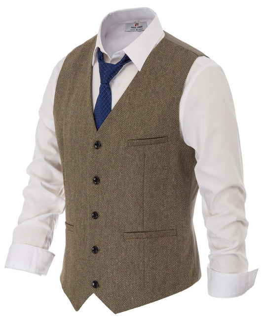 PJ PAUL JONES Men's Herringbone Tweed Suit Vest Casual Wool Blend Waistcoat