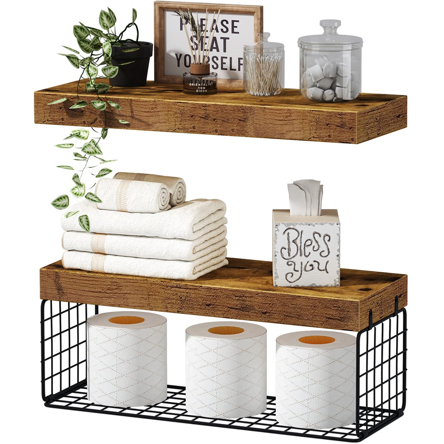 QEEIG Bathroom Shelves Over Toilet Wall Mounted Floating Shelves Farmhouse Shelf Toilet Paper Holder Small 16 inch Set of 3, Rustic Brown (019-BN3)