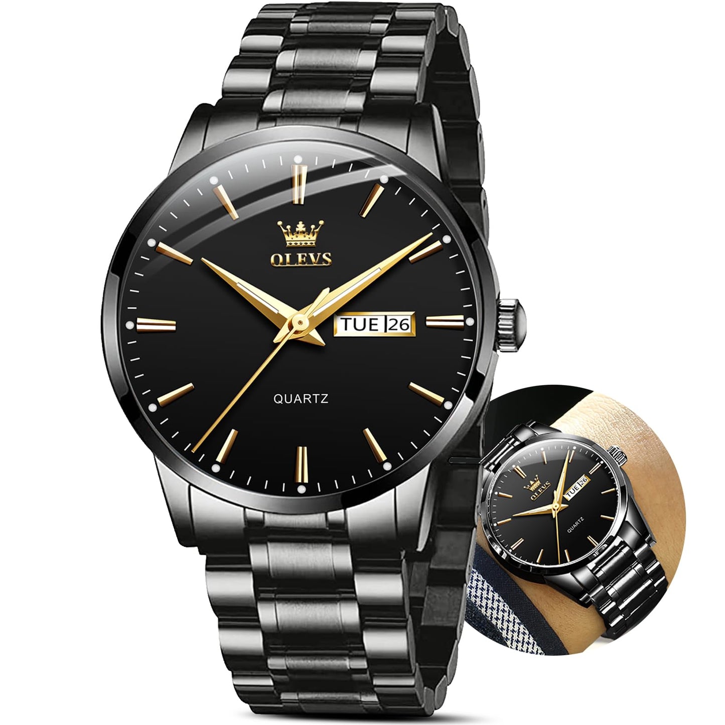 OLEVS Classic Men Watches with Date,Stainless Steel Man Watch with Date, Bussiness Watches for Men,Luminous Quartz Mens Watches Black/White/Blue/Gold, Waterproof Male Watch with Week