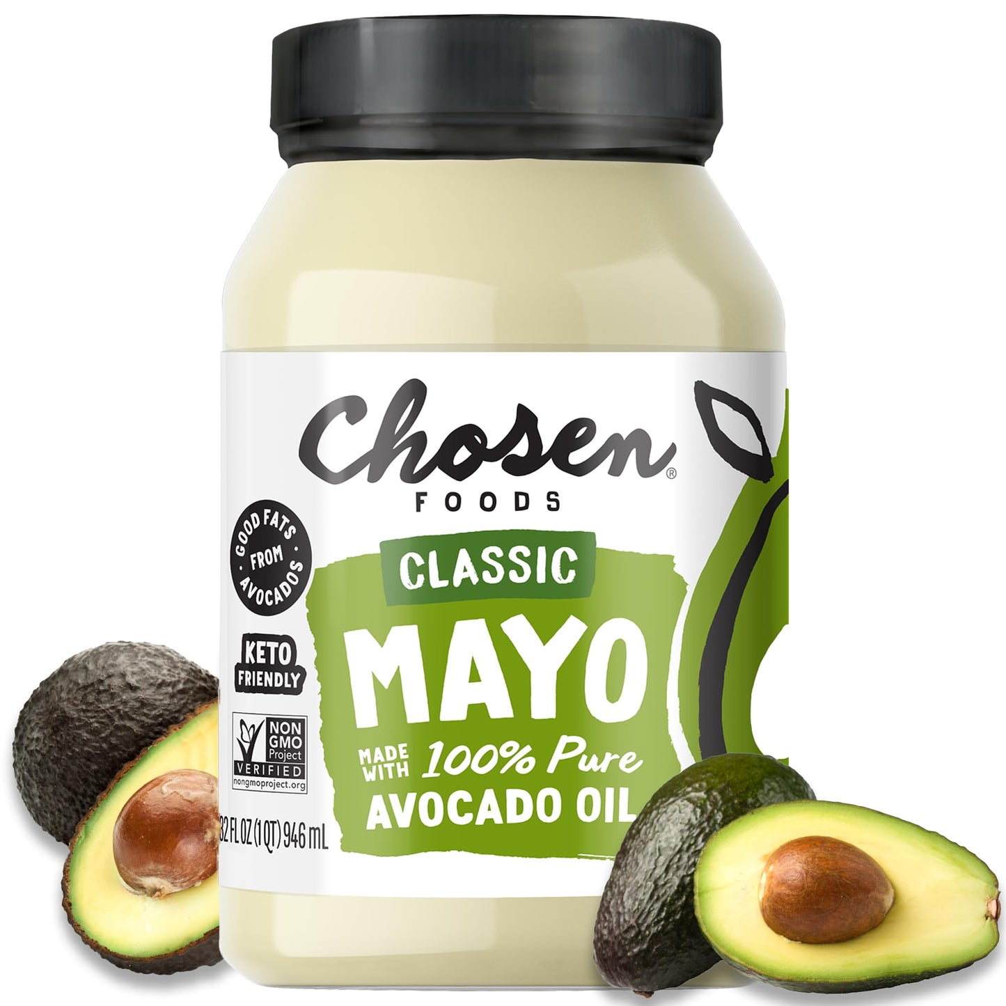 Chosen Foods 100% Avocado Oil-Based Classic Mayonnaise, Gluten & Dairy Free, Low-Carb, Keto & Paleo Diet Friendly, Mayo for Sandwiches, Dressings and Sauces, Made with Cage Free Eggs (32 Fl Oz)