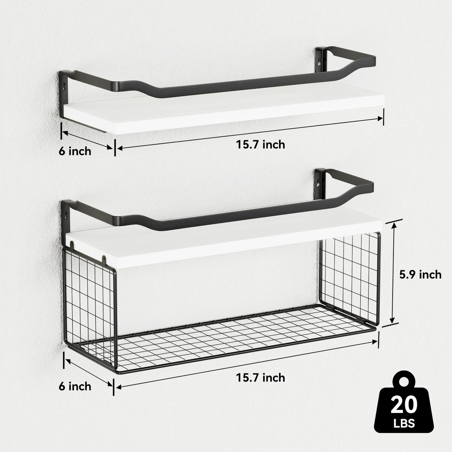 WOPITUES Floating Shelves with Wire Storage Basket, Bathroom Shelves Over Toilet with Protective Metal Guardrail, Wood Wall Shelves for Bathroom, Bedroom, Living Room, Toilet Paper-Black