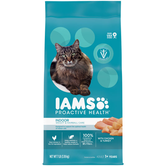 IAMS Proactive Health Indoor Weight & Hairball Care Adult Dry Cat Food with Chicken & Turkey, 7 lb. Bag