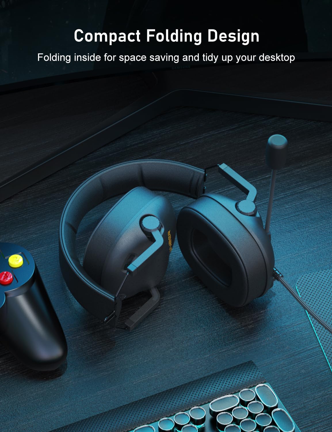 SENZER SG500 Surround Sound Pro Gaming Headset with Noise Cancelling Microphone - Soft Memory Foam Padding - Portable Foldable Headphones for PC, PS4, PS5, Xbox One, Switch - Black