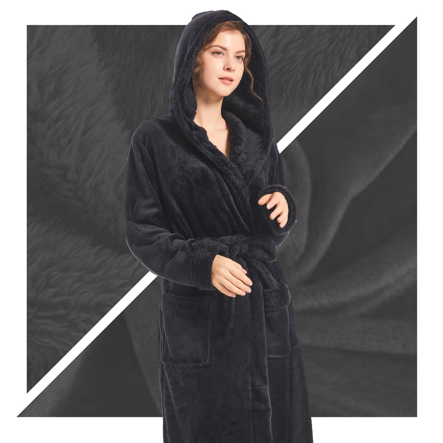 Inner Wish Women Hooded Plush Robe, Fleece Cozy Warm Bathrobe