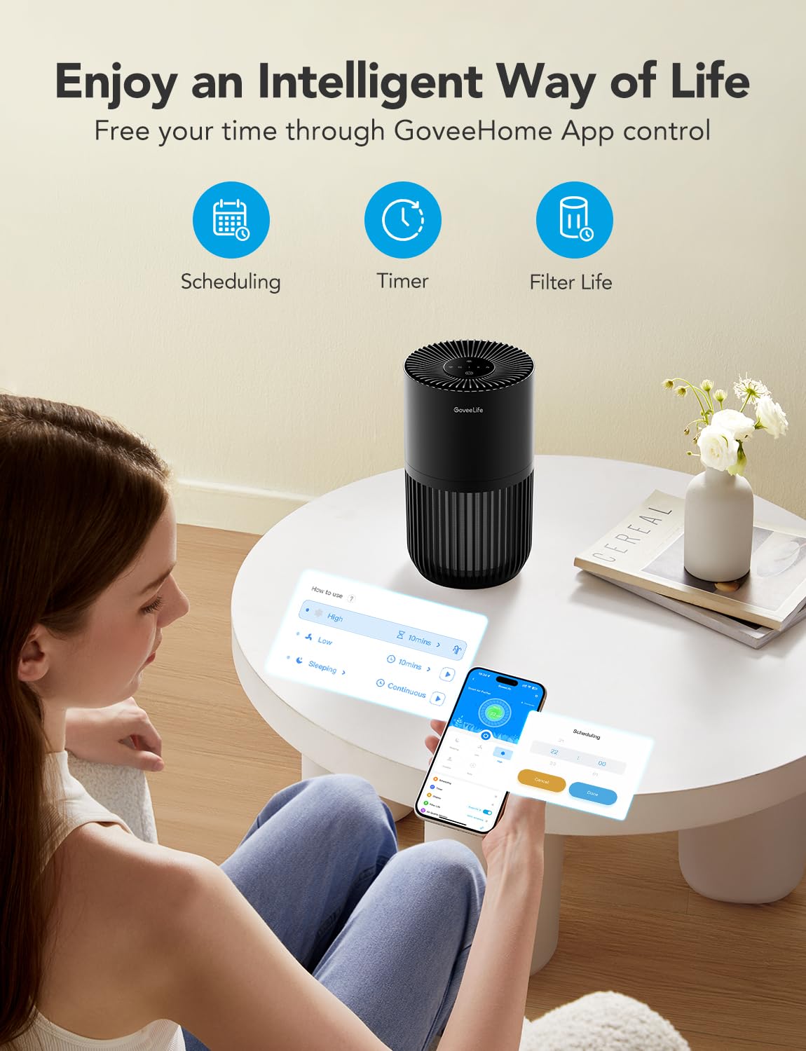 GoveeLife Mini Air Purifier for Bedroom, HEPA Smart Filter Air Purifier with App Alexa Control for Pet Hair, Odors, Pollen, Smoke, Portable Air Cleaner with 3 Speeds, 2 Modes, Timer, Aroma for Home