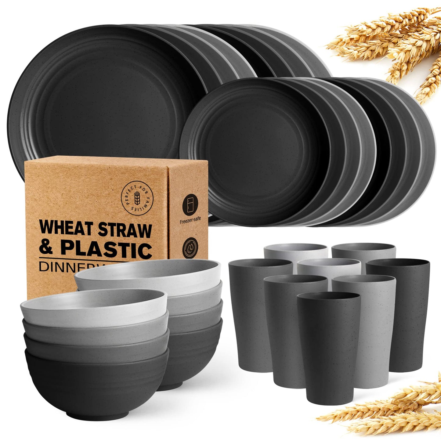 Teivio 32-Piece Kitchen Plastic Wheat Straw Dinnerware Set, Service for 8, Dinner Plates, Dessert Plate, Cereal Bowls, Cups, Unbreakable Colorful Plastic Outdoor Camping Dishes, Black