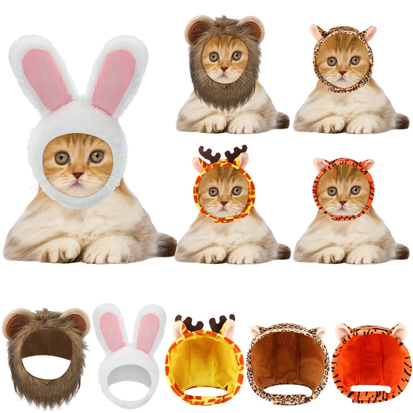 5 Pcs Cat Hat Adorable Costume Bunny Hat with Ears Funny Mane Hat for Cats and Small Dogs Kitten Puppy Party Costume Accessory Headwear (Lion, Frog, Rabbit, Sunflower, Banana)