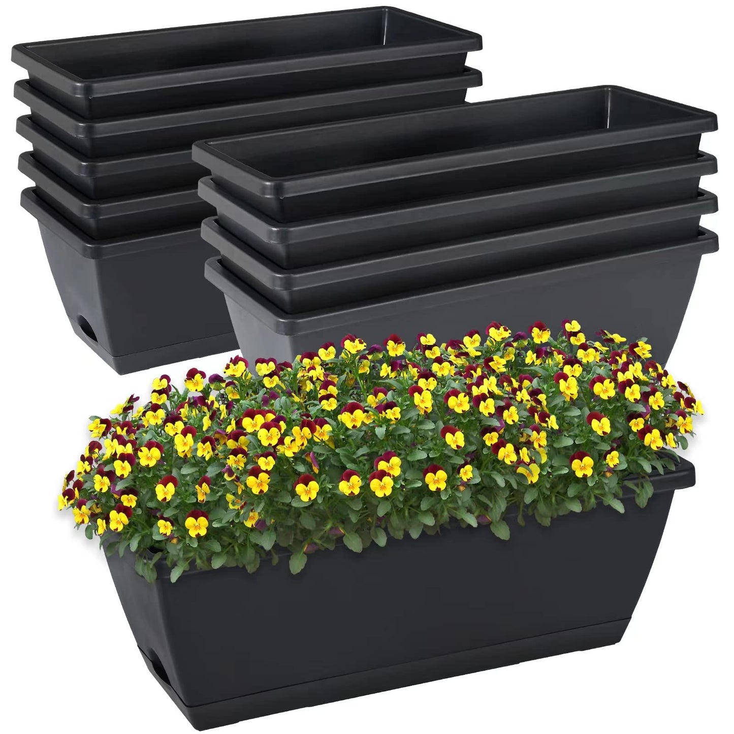 CHUKEMAOYI Window Box Planter, 7 Pack Plastic Vegetable Flower Planters Boxes 17 Inches Rectangular Flower Pots with Saucers for Indoor Outdoor Garden, Patio, Home Decor