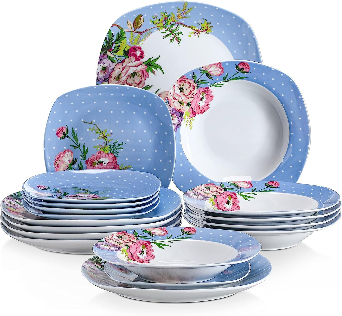 VEWEET, Series Annie, Porcelain Dinnerware Sets for 6, White Dish Set with Pink Floral, 30 PCS Dinner Sets Including Dinner Plates, Dessert Plates, Soup Plates Set, Cups & Saucers