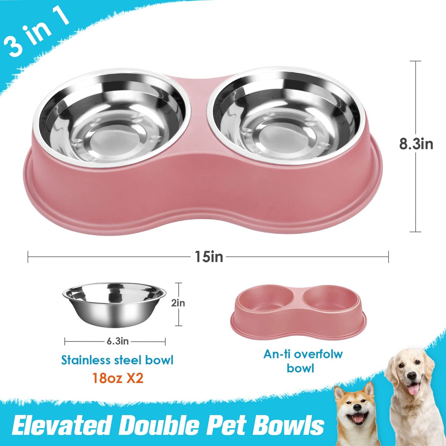 Dog Bowls Double Dog Water and Food Bowls Stainless Steel Bowls with Non-Slip Resin Station, Pet Feeder Bowls for Puppy Medium Dogs Cats