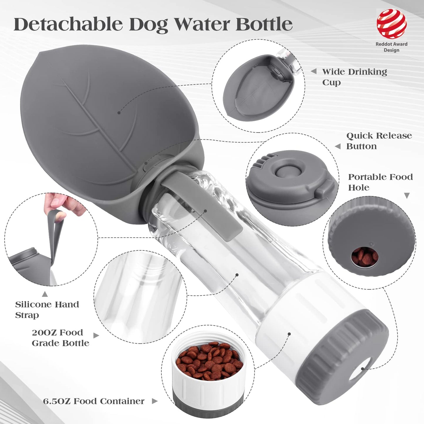 Upgraded Dog Water Bottle, Portable Dog Cat Puppy Pet Water Dispenser Feeder with Drinking Cup and Food Container Leak Proof for Outdoor Walking, Travel, Hiking 12OZ