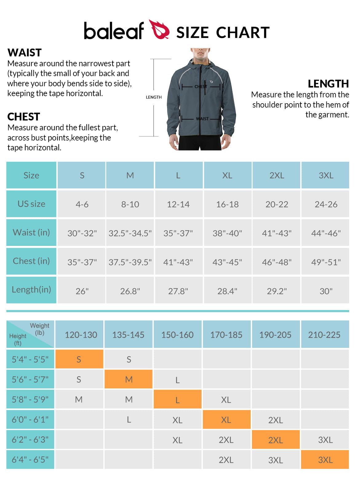 BALEAF Men's Rain Jacket Waterproof Windbreaker Running Cycling Golf Hiking Gear Hood Lightweight Reflective Packable