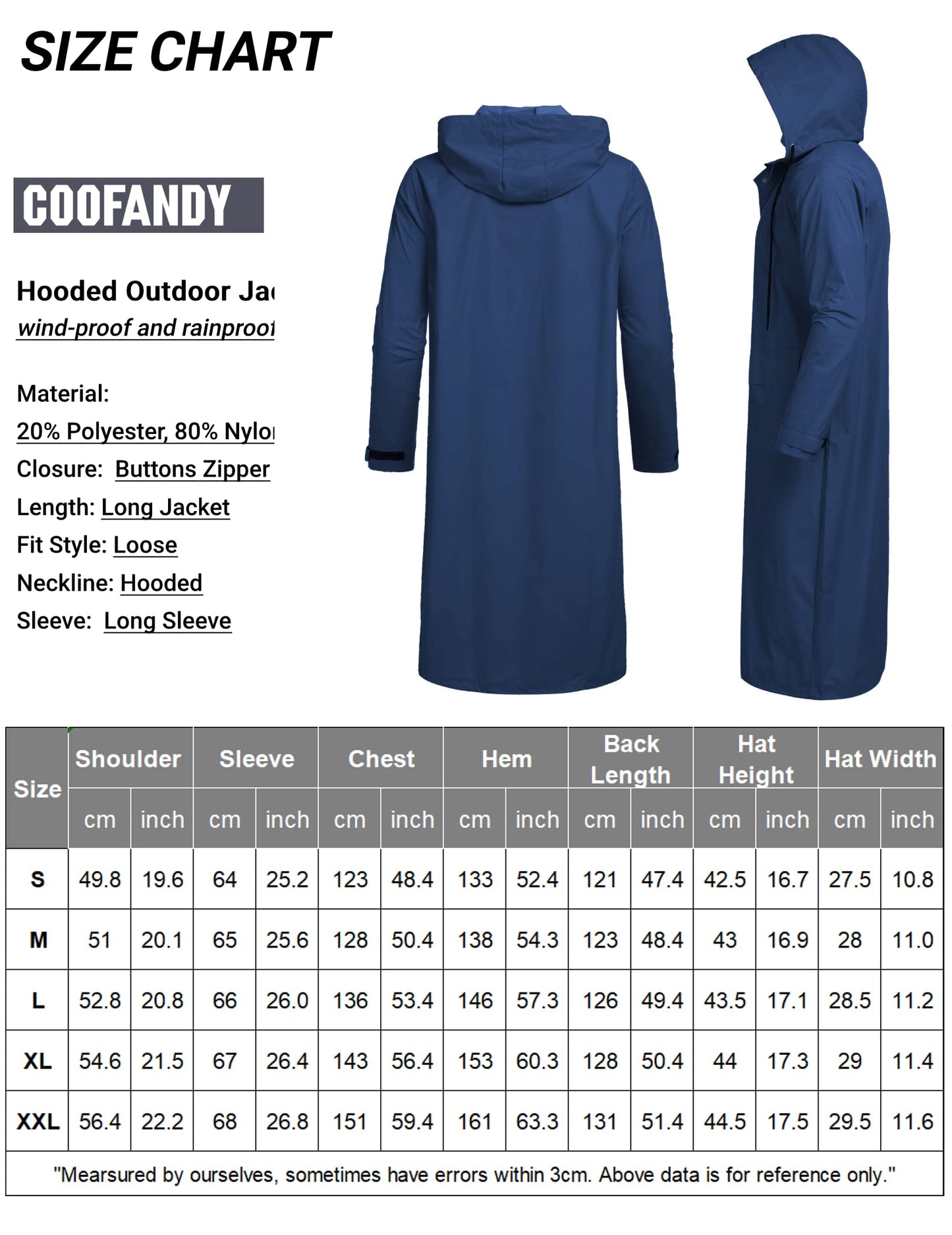 COOFANDY Men's Rain Jacket with Hood Waterproof Lightweight Active Long Raincoat