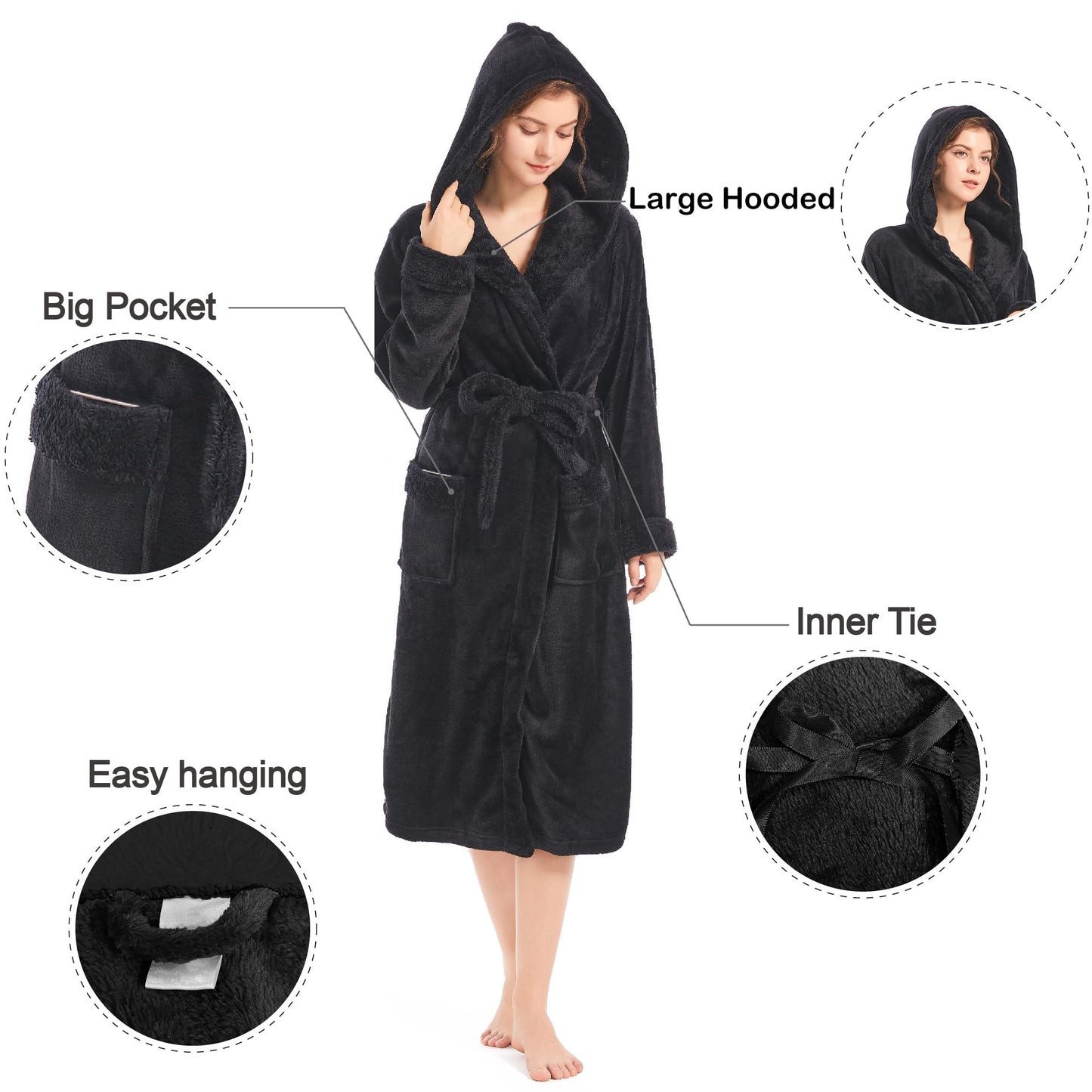 Inner Wish Women Hooded Plush Robe, Fleece Cozy Warm Bathrobe