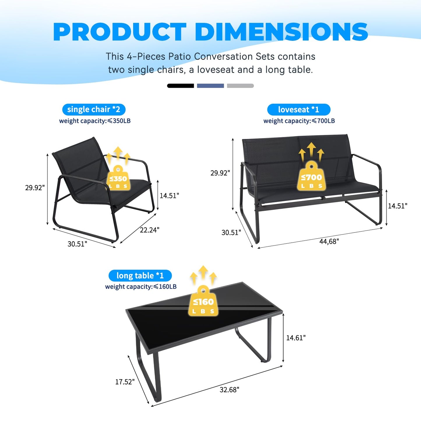 PAIQIAN 4 Pieces Patio Furniture Set Outdoor Garden Patio Conversation Sets Poolside Lawn Chairs with Tempered Glass Coffee Table Loveseat Porch Furniture Textilene Fabric Grey