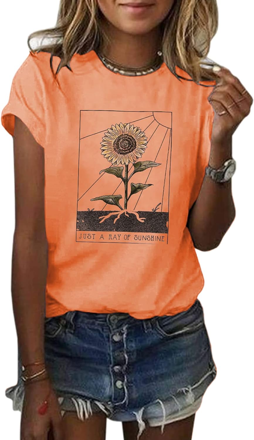 Anbech Womens Dandelion Graphic T-Shirts Teen Girls Cute Sunflower Trendy Clothes Casual Tee Tops