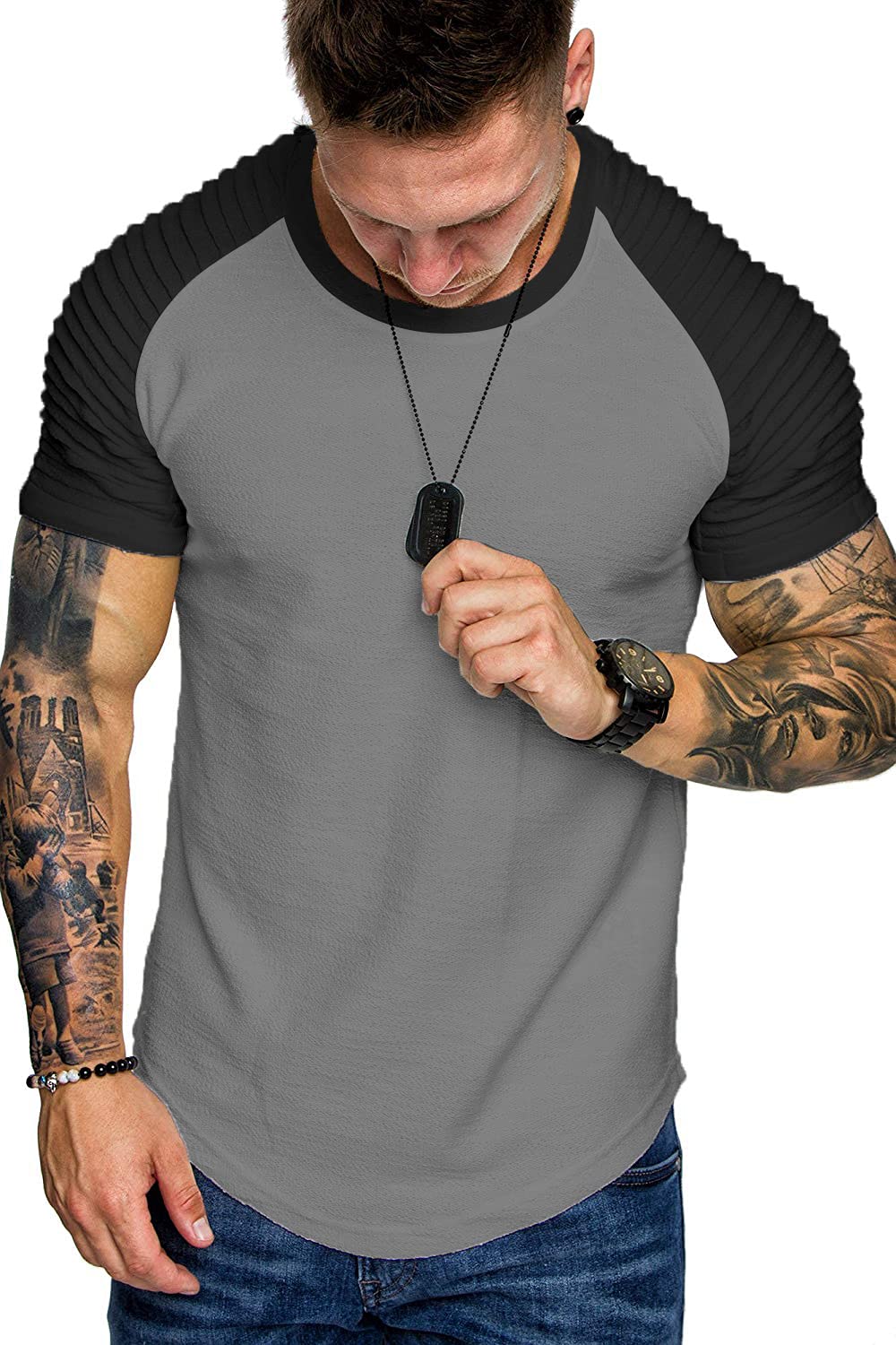 COOFANDY Men's Muscle T-Shirt Pleated Raglan Sleeve Bodybuilding Gym Tee Short Sleeve Fashion Workout Shirts Hipster Shirt