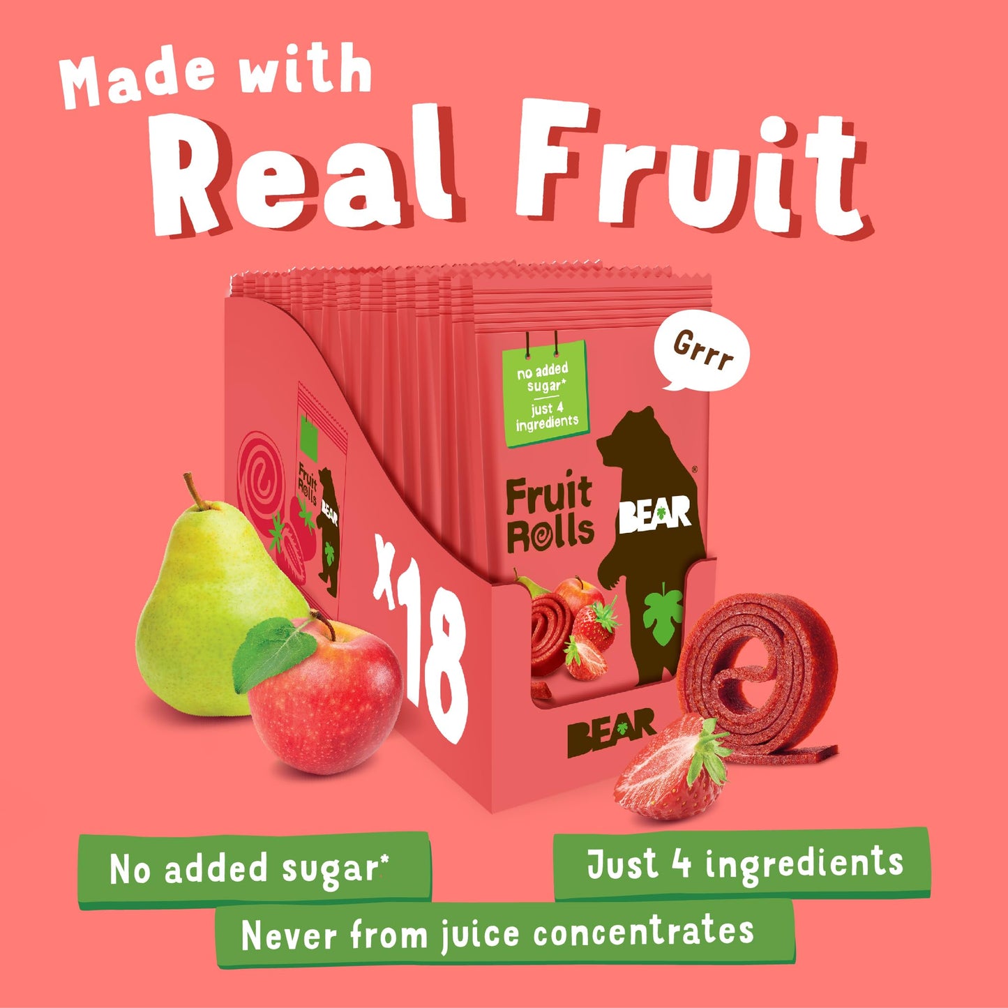 BEAR Real Fruit Snack Rolls - Gluten Free, Vegan, and Non-GMO - Strawberry – Healthy School And Lunch Snacks For Kids And Adults, 0.7 Ounce (Pack of 12)